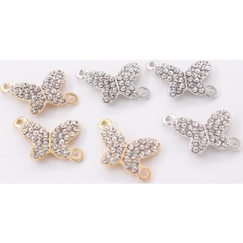 SEA MEW 10PCS 25mm*18mm Fashion Metal Alloy Butterfly Crystal Rhinestone Connectors Charm For Jewelry Making