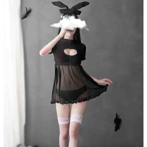 Sexy Lingerie Bunny Girl Cosplay Costume Female Pleated Mesh Skirt Lace Uniform Perspective Nightdress Bodysuit Erotic Outfit