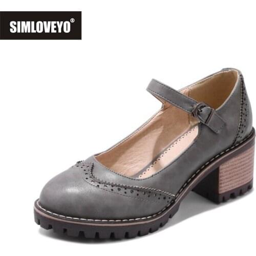 SIMLOVEYO Mary Janes 6cm Chunky Heels Brogue Buckle Pumps Vintage Mid Heels Carved Ladies Shoes Plus Size 42 43 Retro D006
