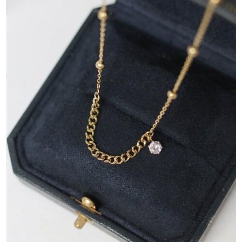 Rhinestones Chain Beads Small Gold Bean Necklace Clavicle Chain Women Short Chain Titanium Steel Plated 14K Gold Color Retention