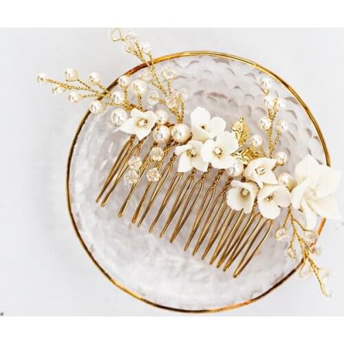 Floralbride Handmade Wired Alloy Ceram Flower Pearl Bridal Hair Comb Wedding Headdress Hair AccessoriesBridesmaids Women Jewelry