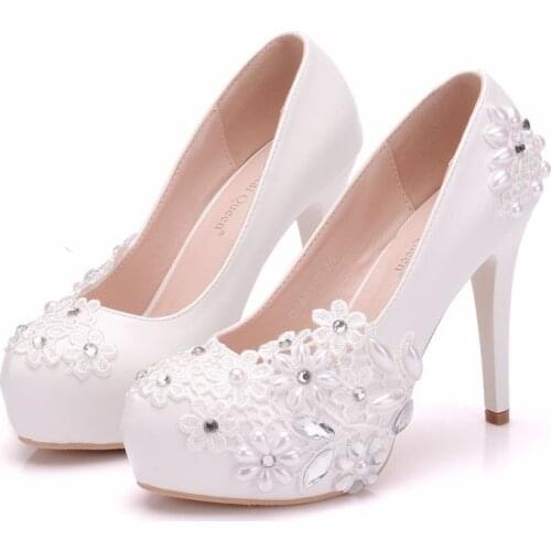 Women pumps wedding Party banquet Lace PU Rhinestones Slip On 14CM Thin High Heels Round Toe high heels women shoes size 35-42