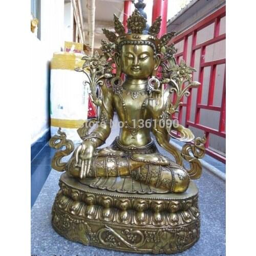 Xd 00167 39" China bronze gild carved lotus flower Foo Dogs TARA Kwan-yin Bodhisattva statue