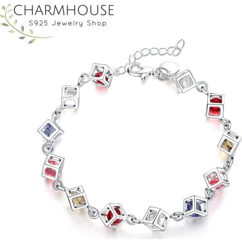 Pure 925 Silver Bracelets for Women 8mm Colorful Cubic Zirconia Link Chain Bracelet & Bangles Wristband Pulseira Jewelry Gifts