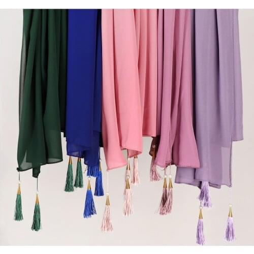 Abaya Bubble Chiffon Solider Color Scarf Long Soft Wrap Scarf Shawl Scarves Femme Bufandas Beaded Pearls Hijabs Tassel Scarf