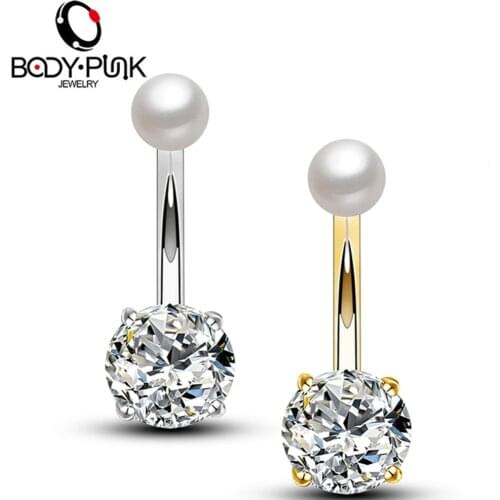 Body Punk 14G Belly Button Rings Stainless Steel Pearl with Clear CZ Navel Rings Piercing Body Jewelry Needle Ombligo for Women