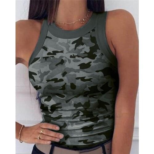 2021 Summer Women Print Top Fashion Women Casual Army Camo Camouflage Tank Sleeveless O-neck Slim Vest T-Shirts Plus Size S-2XL