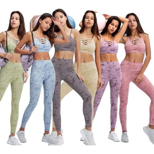 2021 High Performance New Sexy Gathered Up Shockproof Bra Trousers Nude Tie-dye Yoga Sports Suit Fitness Set