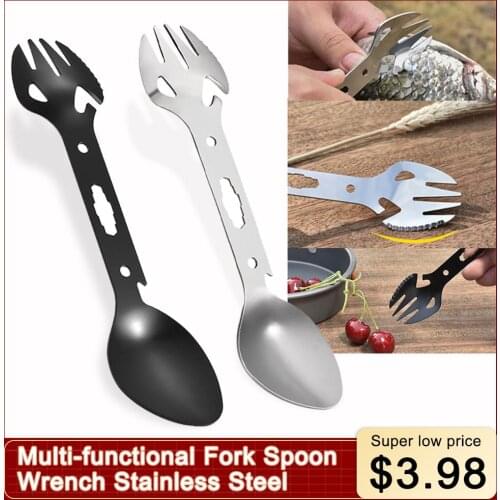 5 In 1 Multi-Functional Fork Spoon Wrench Stainless Steel Camping Survival Kit Practical Fork Knife Spoon Bottle Can Opener
