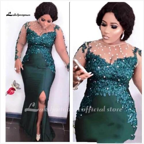 Arabic Dark Green Sexy Evening Dresses Beaded Mermaid Mother of the Bride Dresses Sheer Neck Lace Appliques Formal Evening Gowns