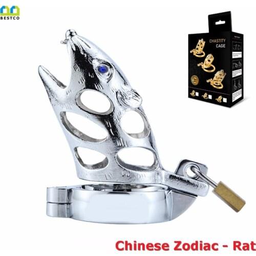 BESTCO 18+ Male Penis Lock Chastity Cage Bondage Bound Device Zodiac Rat Cock Ring Adult Sex Supplies Erotic Toys Feitish Goods
