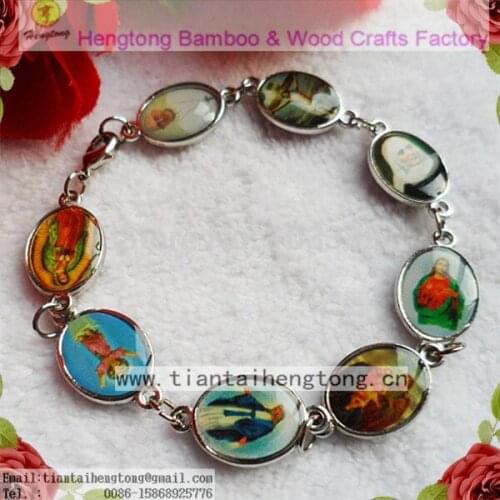 6pcs/pack metal oval alloy bead saint bracelet, religious bracelets double side saint sticker with epoxy
