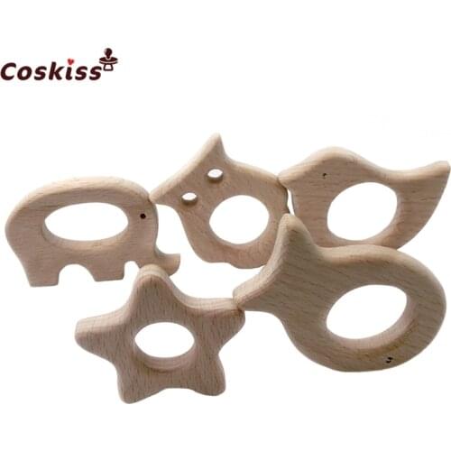 DIY Baby Teether Toys Organic Natural Beech Wooden Fish-Bird-Owl-Elephant-Star Hand Cut Grasping Toys Baby Wooden Teether Gift