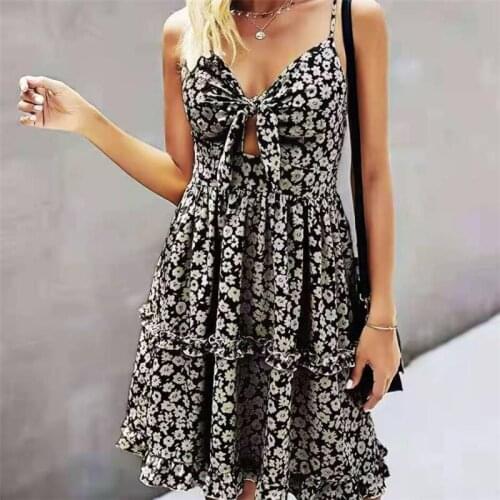 FUFUCAILLM 2021 Women Dress Boho Floral Ruffle Short Dress Summer Knot Sexy V-Neck Party Holiday Dress Femme vestido de mujer
