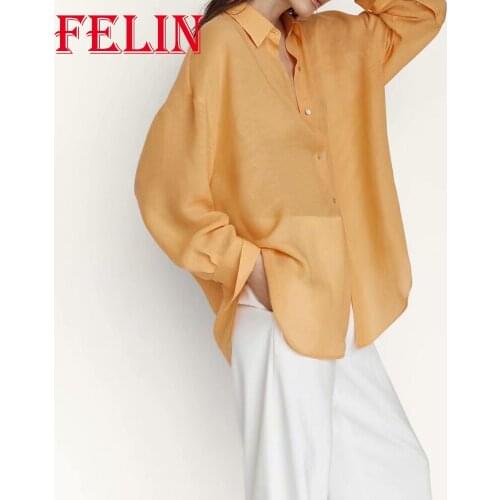 FELIN 2021 New Fashion Women Spring Yellow Solid Oversized Tshirt Cotton Long Sleeve Linen Shirt Muje Tops Casual Blouses