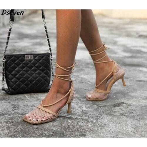 Summer New Mesh Cross Lace-up Stiletto High Heel Women Sandals Fashion Hollow Black Lace Square Toe Ladies Sandals Shoes Hot