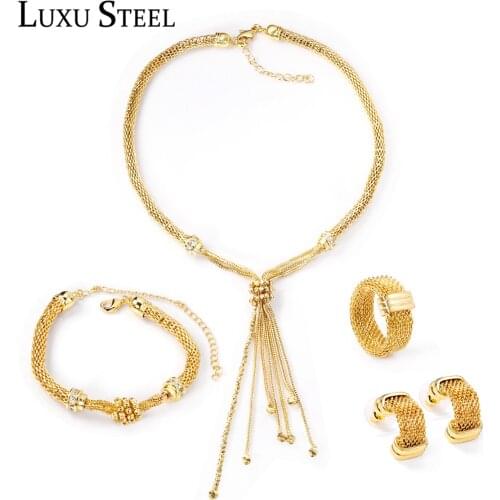 LUXUSTEEL Necklace Sets 4pcs For Women Gold Color Round Collars Necklace Bracelets Rings Earrings Brinco Copper Jewelry Set