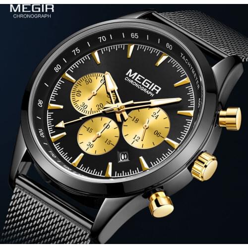 MEGIR Military Sports Watches Men 2020 New Luxury Waterproof Luminous Wristwatch Man Black Gold Mesh Band Chronograph Watch 2153