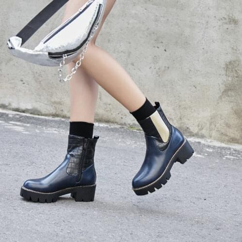 New Blue Pu Leather Womens Boots Spring Autumn Basic Solid Color Ladies High Heeled Shoes Platform Square Heel Model Party