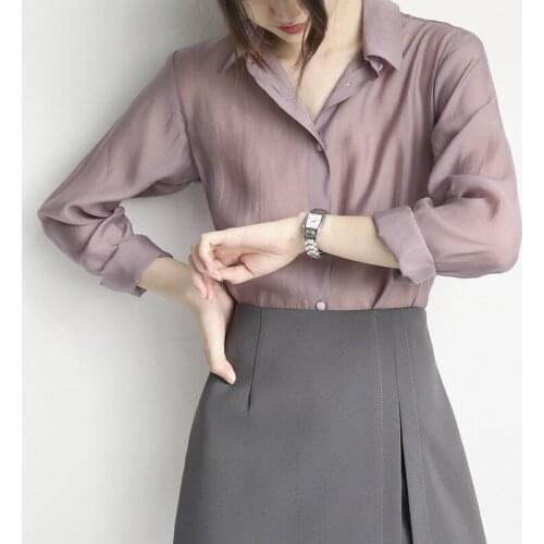 Spring 2021 new smoky purple womens shirt thin design sense top female womens long sleeve chiffon tops purple top