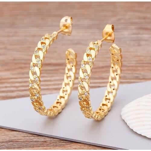New Design Chain link Big Circle Earrings Boho Jewelry Copper Zircon Gold Color Party Wedding Luxury Jewelry Earrings Gift