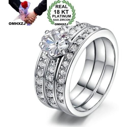 OMHXZJ Wholesale European Fashion Woman Man Party Wedding Gift Luxury White AAA Zircon 18KT White Gold Ring Set RR710