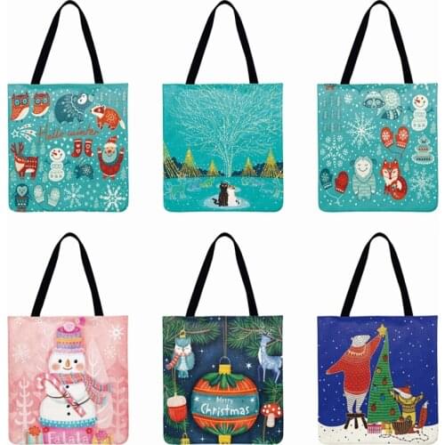 Merry Christmas Gifts For Children Cartoon Printing Tote Bag Linen Febric Casual Tote Lady Shoulder Bag Reusabl Beach Bags Women