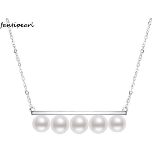 Simple version of sterling silver balance beam five beads 5.5-6mm round white bright pearl necklace pendant