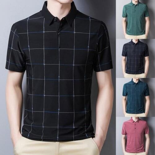 Fashion Men Polo Shirt Smooth Business Style Polyester Fiber Lapel Upper for Daily Life Streetwear Striped Shirt for Clothing