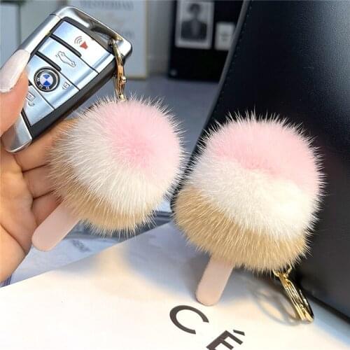 Cute Mini Ice Cream Real Mink Fur Keychain Plush Toy Women Bag Pendant Trinkets Car Keyring Ornaments Highend Girl Birthday Gift
