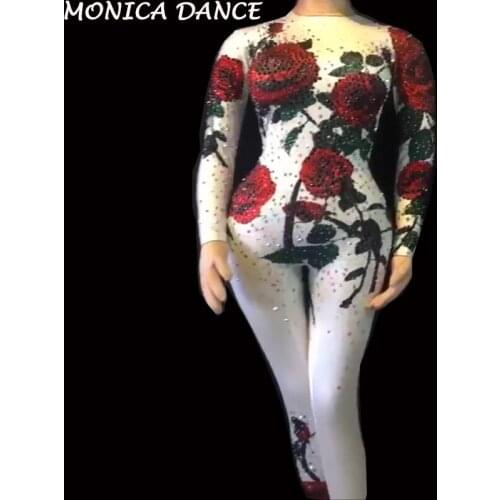 Sexy Stage 3 Colors Rose Flowers Jumpsuit Birthday Party Stretch Rhinestones Costume Stage Wear Rhinestone Celebrate Jumpsuit