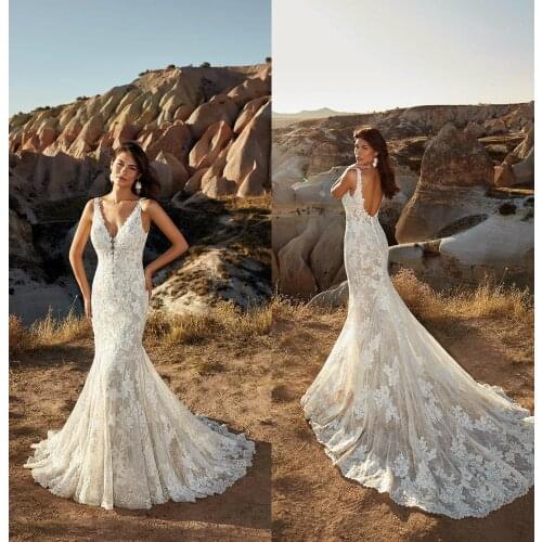 2021 Bridal Gowns Wedding Dress Sexy V Neck Backless Boho Lace Appliques Plus Size Bohemian Beach Mermaid Wedding Dresses