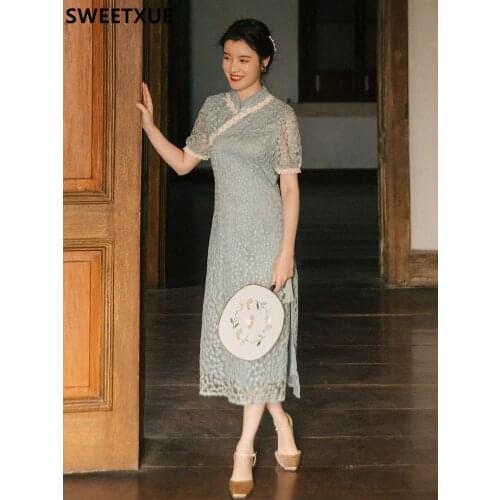 SWEETXUE Retro Cheongsam Short Sleeve Temperament Summer Casual Elegant Womens Fashion Chic Female Vestidos Robe Mujer