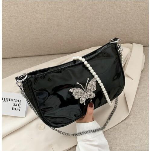 Vintage Diamond Butterfly Women Baguette Crossbody Bags Fashion Patent Leather Ladies Chain Shoulder Bag Girls Purse Handbags