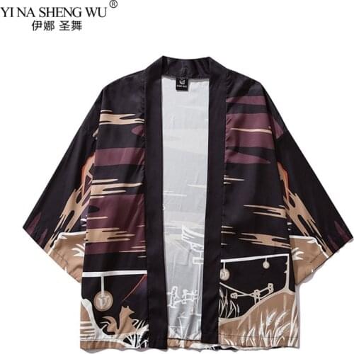 Japanese Costume Animals Print Kimono Coat T-shirt Men Harajuku Women Tops Japan Haori Cardigan Shirt Yukata Coats Jacket Beach