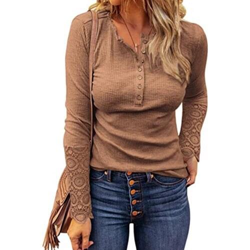 Women T-shirt Patchwork Long Sleeve Buttons Casual Ribbing Lace Splicing Tunic Pullover Top camisetas de mujer футболка оверсайз