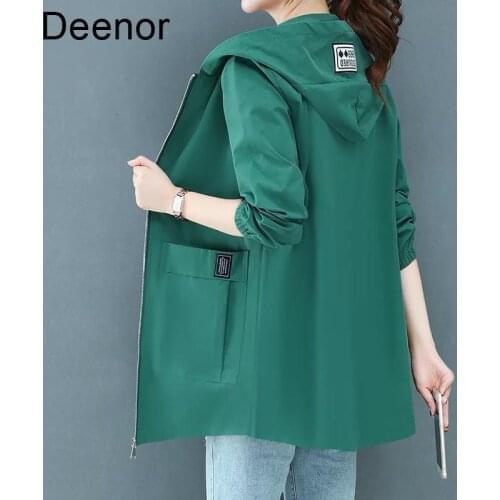 Deenor 2021 Spring Autumn Women Jacket Slim Windbreaker Pocket Zipper Fashion Hooded Medium Length Outwear Coats