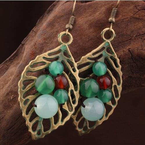 New Summer fashion leaves dangle earrings for women , vintage earrings nature stones earrings,green stones ethnic earrings