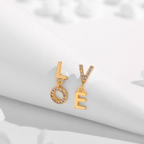 2021 New Trendy Small CZ Zircon Love Letters Pendant Earrings For Women Vintage Gold Metal Rhinestone Piercing Statement Jewelry