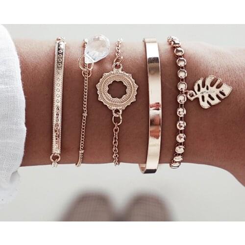 DIEZI 5pcs/set Vintage Gold Plated White Water Drop Sun Leaves Bracelets & Bangles Chain Bracelet Sets For Women New Jewelry