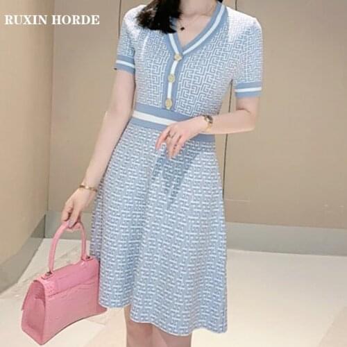 Mini A-Line Knitted Dress Elegant Temperament Human Silk Blended V-Neck Short-Sleeved Summer 2021 Ladies Fashion New Sweet Girl