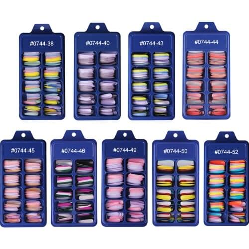 100 PCs /Set False Nail Tips Colorful Nails Art False Press on Coffin with Glue Stick Display Full Cover Artificial Designs