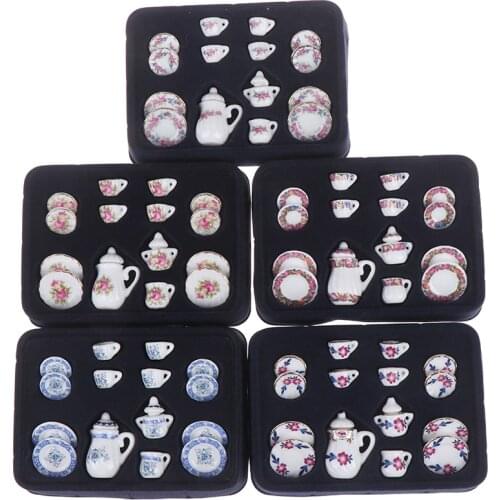 15Pcs 1:12 Miniature Porcelain Tea Cup Set Chintz Flower Tableware Kitchen Toys For Children Dollhouse Furniture