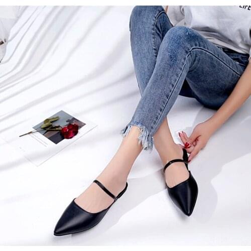 Women Pointed Toe Shallow Square Heel Sandals Shoes PU Leather Casual Footwear Ladies Low Heels Party Wedding Shoes 35-40