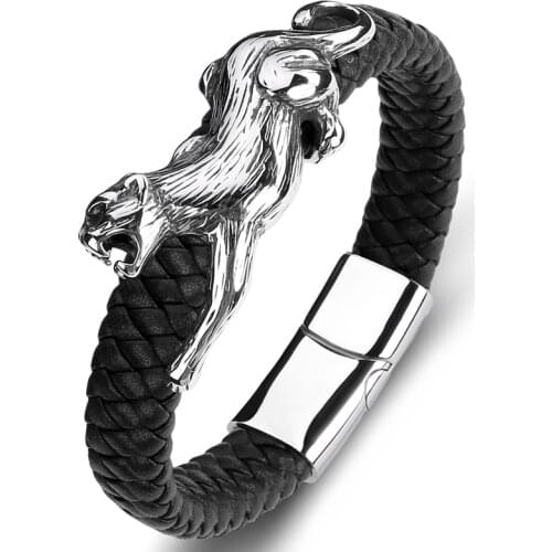 Luxury Multicolor Braided Leather Bangles Men Punk Rock Jewelry Stainless Steel Leopard Bracelet Male Gift Trendy Wristband P098