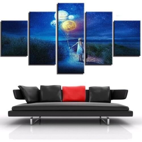 Canvas Wall Art Pictures Home Decor 5 Pieces Girl with Stars Balloons Cartoon Painting HD Printed Animation Posters