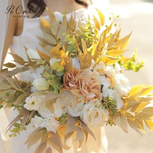 PEORCHID Rustic Artificial Wedding Bouquets Bridesmaide flowers Leaf And Rose Peonies Handmade Bridal Bouquet Trouw Decoratie