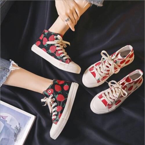Canvas Shoes Vulcanized Shoes Flat Women Shoes Woman Printed Breathable 2020 Autumn New Strawberry Shoes Casual Shoes D359