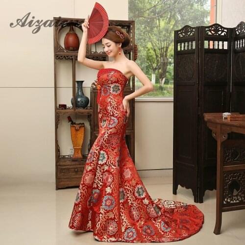 Red Mermaid Evening Dress Trailing Modern Party Gown Long Cheongsam Chinese Traditional Wedding Qipao Oriental Style Dresses