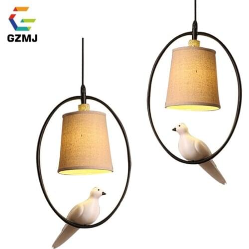 GZMJ Creative Metal Ring LED Pendant Lights Fabric Lampshade Bird Hanging Lamp 90-260V E14 Loft Hanglamp for Bedroom Living Room